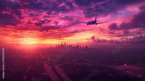 Fototapeta Naklejka Na Ścianę i Meble -  A passenger plane descends through a vibrant sunset sky above a city.  Purple, pink, and red clouds paint the evening as the aircraft approaches landing