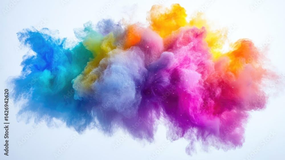 Obraz premium Colorful explosion of powder in vibrant hues. A cloud of multicolored dust particles, bursting with bright rainbow shades, against a plain background. 