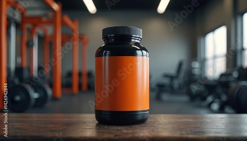 Black bottle sport supplement with blank orange label. Gym background. Concept nutrition for fitness bodybuilding. Workout nutrition, training, diet, healthy lifestyle. Protein, weight gainer product.