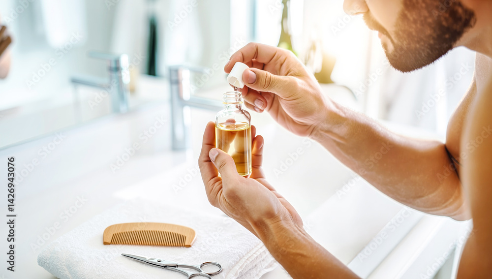 Man performs daily beard care ritual, applying natural oil serum with dropper for grooming in bright bathroom. Modern men's self-care, essential oil treatment for healthy facial hair styling.