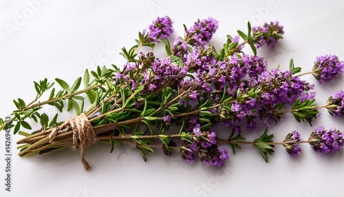 wild thyme sprigs displaying vivid purple flowers freshly gathered and arranged against pristine white surface highlighting herbal botanical details and culinary potential