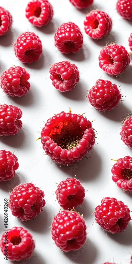 Fresh raspberry fruits on white. Top view