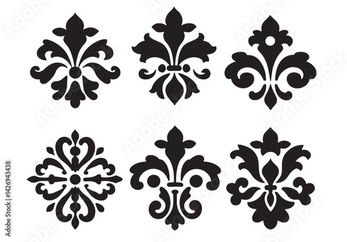 A set of vector floral design elements showcases a vintage ornate pattern with seamless flower and leaf illustrations for elegant decoration
