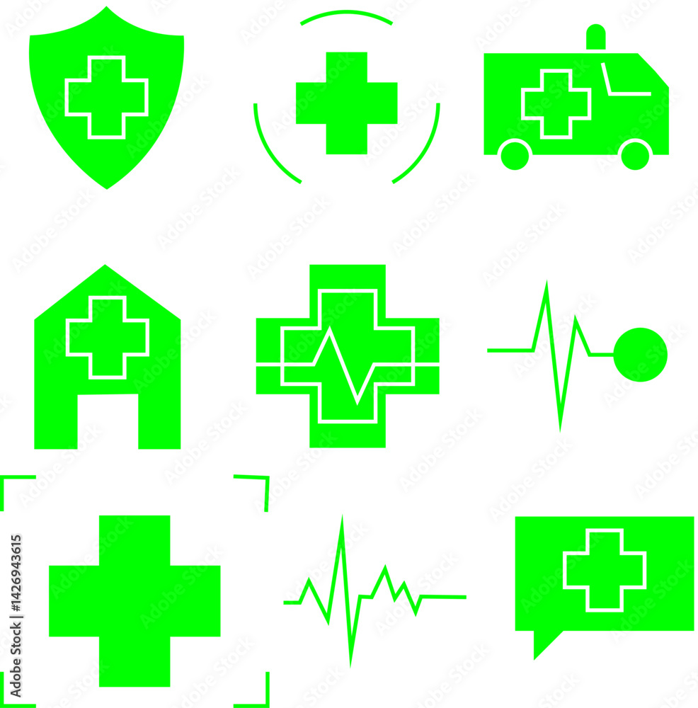 Obraz premium Set of 9 Medical Icons Including Shield, Hospital, Ambulance, Heartbeat Lines, and Communication – Transparent Background.