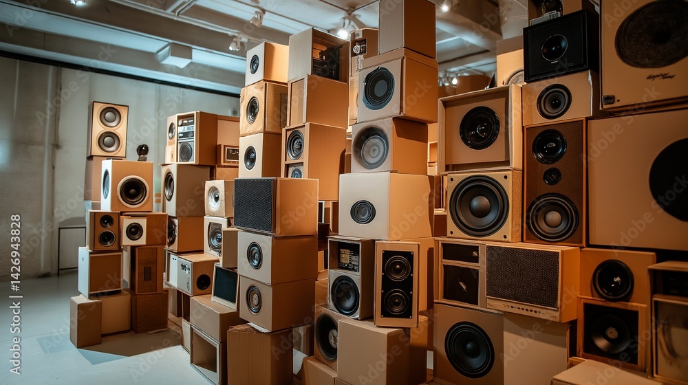 large wooden boxes for sound recording in modern music studio