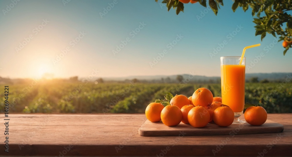 Fresh oranges and orange juice glass on table, garden in background.