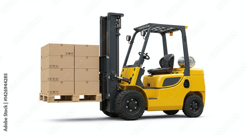 Forklift Lifting Pallet with Boxes Isolated on White Background. Generative AI Forklift Lifting Pallet with Boxes Isolated on White Background. Generative AI