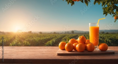 Obraz na płótnie Fresh oranges and orange juice glass on table, garden in background. w salonie