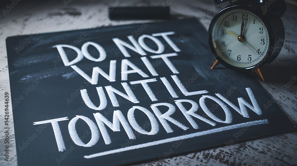 Fototapeta premium Chalkboard message Do not wait until tomorrow beside an alarm clock emphasizing urgency and seizing the present moment.