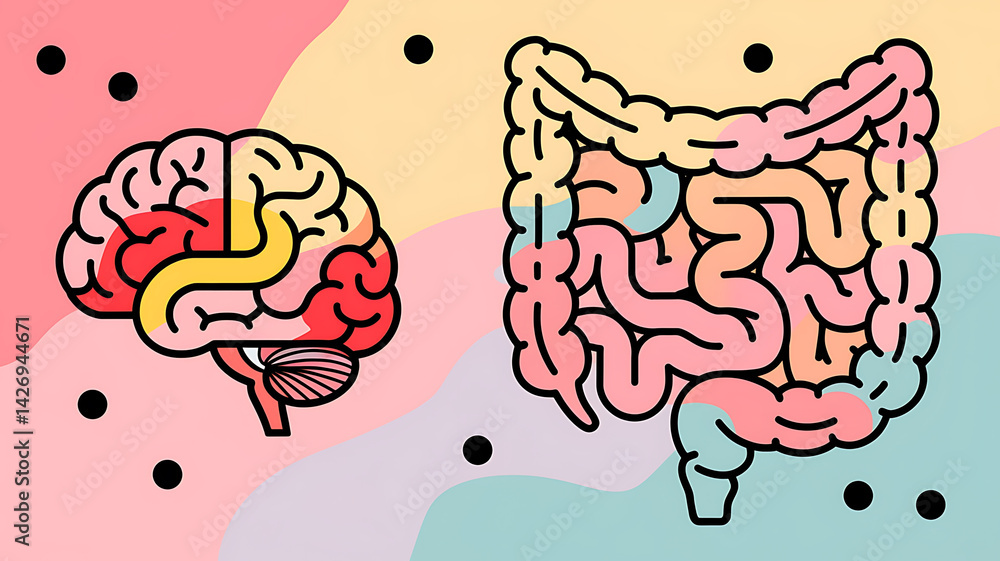 Colorful illustrations of a brain and intestines suggesting a connection between gut health and brain function.