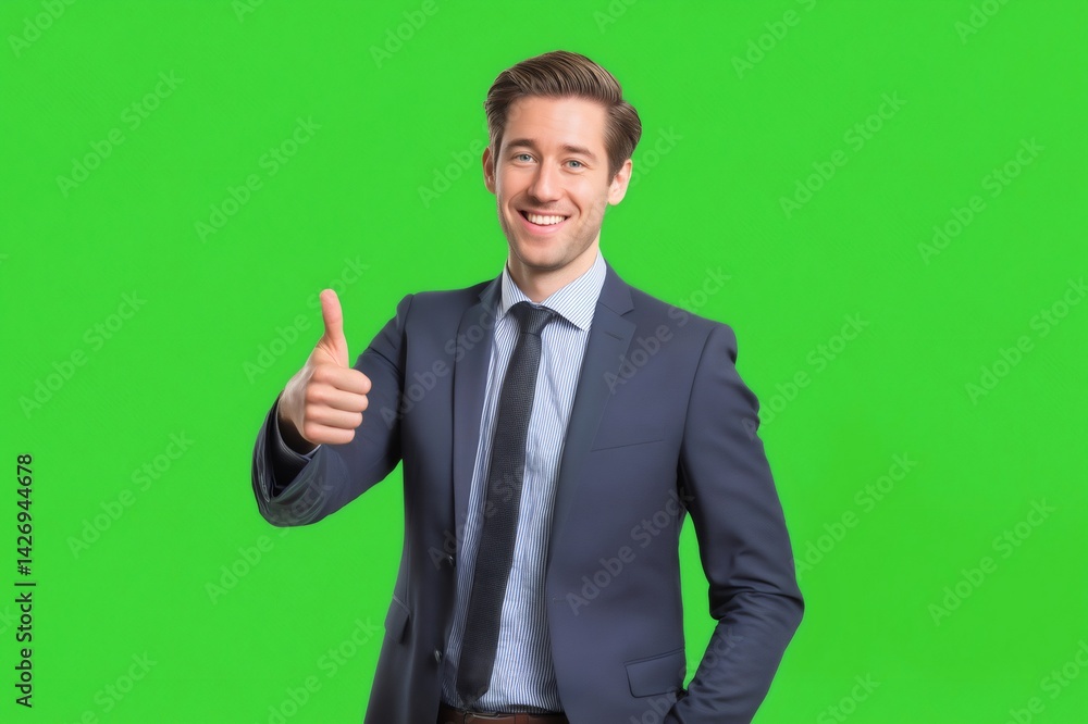 Young, happy businessman giving a thumbs up sign against a vibrant green screen background, exuding confidence and positivity Young, happy businessman giving a thumbs up sign against a vibrant green screen background, exuding confidence and positivity
