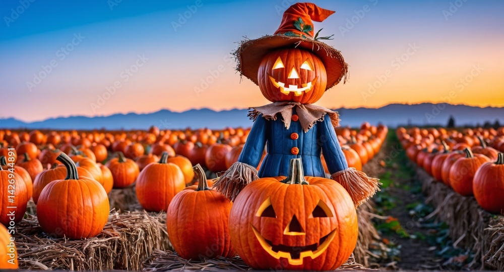 Halloween scarecrow in pumpkin field
