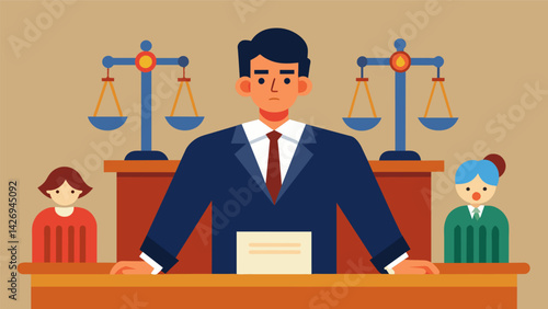 A judge presiding over a courtroom calmly rendering fair and just decisions amidst conflicting testimonies.. Vector illustration
