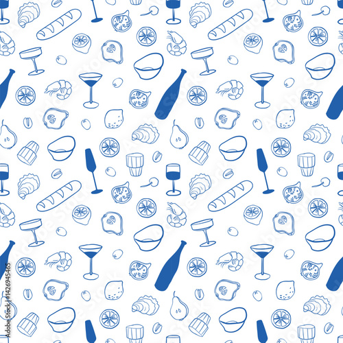 Vector hand-drawn seamless pattern with food and drinks such as wine, fruits, seafood, baguette and other. Perfect for cafe or restaurant menu design, wedding, anniversary, dinner or party invitations