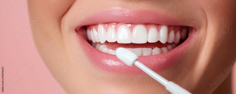 Naklejka premium A close-up of a smiling mouth showcasing bright white teeth, with a cotton swab being used on the gums against a soft pink background.