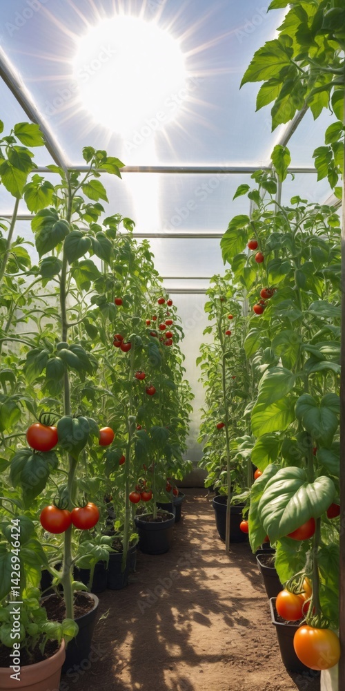 Tomato plants in greenhouse with sunlight filtering through leaves