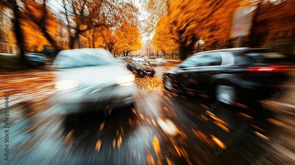 blurred view of city road in autumn and cars