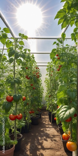 Obraz na płótnie Tomato plants in greenhouse with sunlight filtering through leaves w salonie