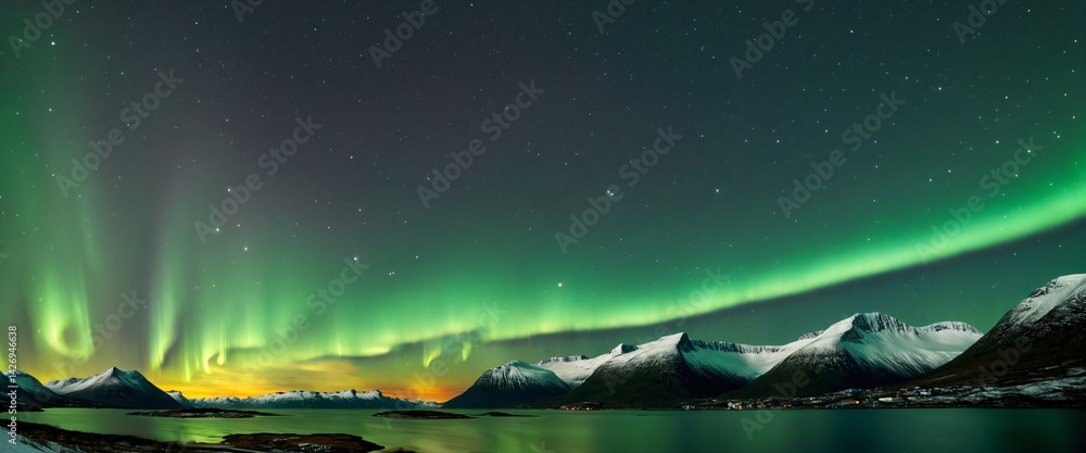 starry night sky in Norway, with a green glow beginning to illuminate the sky. person gazing in wonder Northern Lights above, creating magical colorful patterns