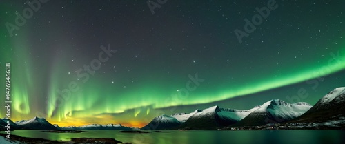 Obraz na płótnie starry night sky in Norway, with a green glow beginning to illuminate the sky. person gazing in wonder Northern Lights above, creating magical colorful patterns w salonie