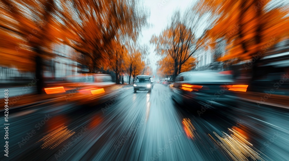 blurred view of city road in autumn and cars