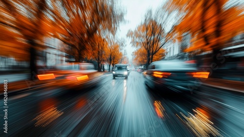 Obraz na płótnie blurred view of city road in autumn and cars w salonie