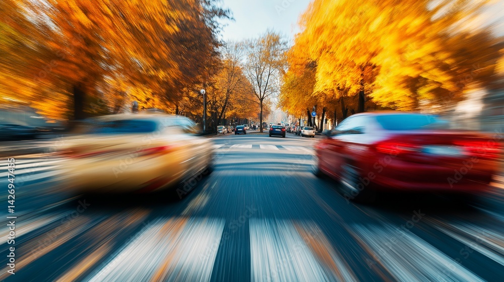 blurred view of city road in autumn and cars