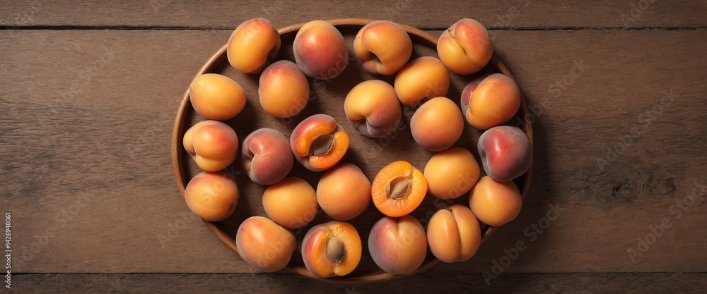 Apricot fruits on wooden rustic table. Top view flat lay