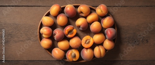 Obraz na płótnie Apricot fruits on wooden rustic table. Top view flat lay w salonie