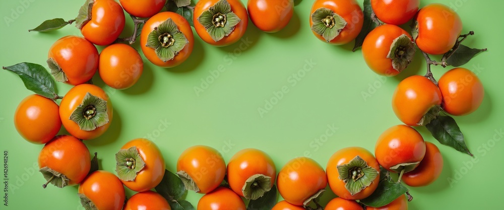 Fresh kaki persimmon fruits on green background.