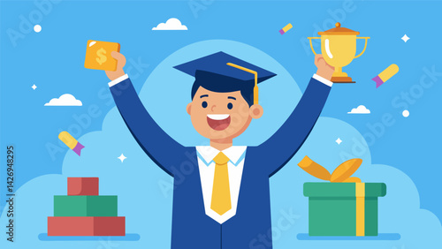 A young professional reveling in the feeling of making their final student loan payment and the freedom it brings to finally start putting money. Vector illustration
