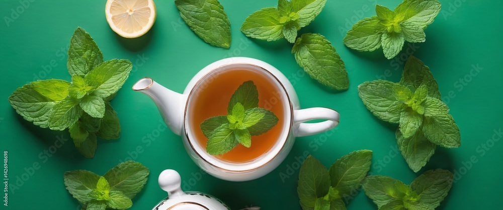 Refreshing Mint Tea with Fresh Mint Leaves on Green Background – Herbal Tea Concept Flat Lay Top View,
