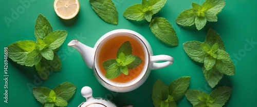 Obraz na płótnie Refreshing Mint Tea with Fresh Mint Leaves on Green Background – Herbal Tea Concept Flat Lay Top View, w salonie