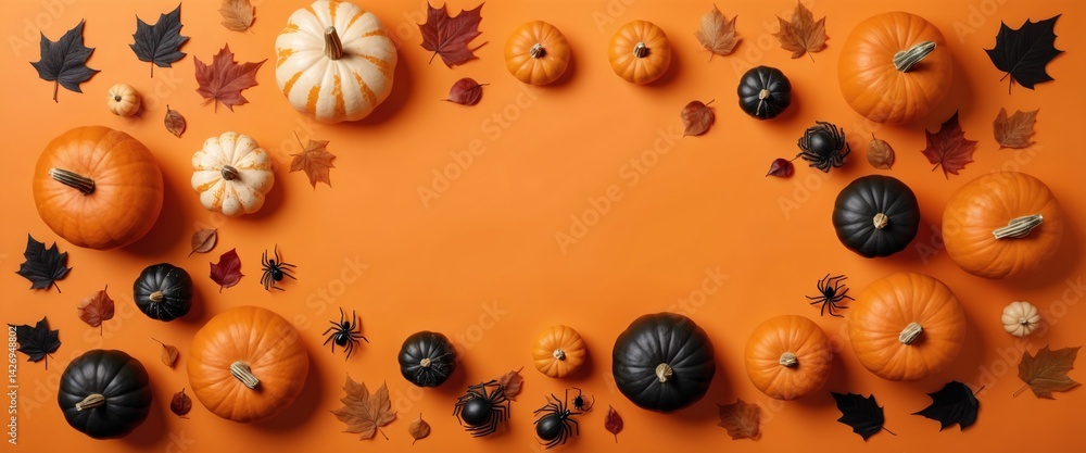 Halloween Flat Lay with Pumpkins, Spiders, and Autumn Leaves on Orange Background.