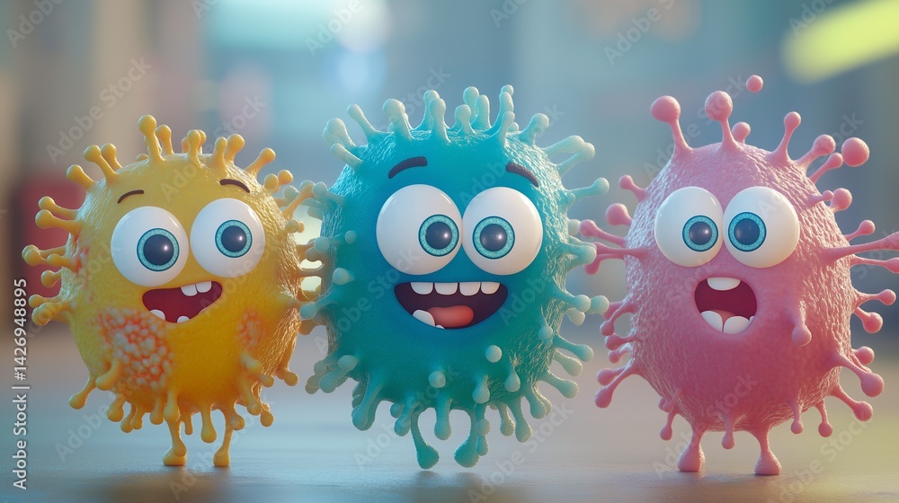 colorful virus with a face in the background.