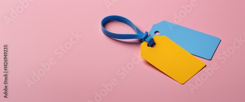blue empty tag on a pink and yellow background