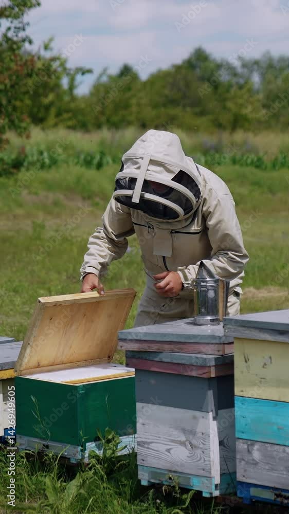 Male beekeeper in protective mask and uniform opens the lid of a hive. Farmer uses metal tools for opening the beehive.. Vertical video Male beekeeper in protective mask and uniform opens the lid of a hive. Farmer uses metal tools for opening the beehive.. Vertical video