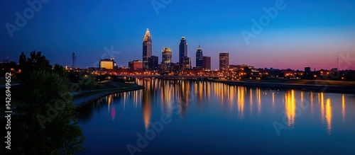 Captivating Skyline Reflection of Cleveland at Dusk over Cuyahoga River
