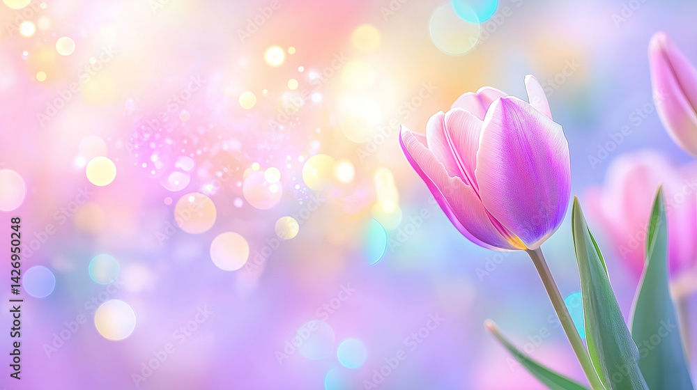 Vibrantly colored tulip flowers in the spring, on a pastel,
soft color, blurred background.