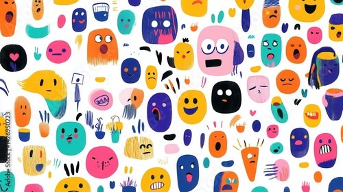 An illustration displays various emoji expressions, each showcasing a range of emotions in vibrant colors against a white background.
