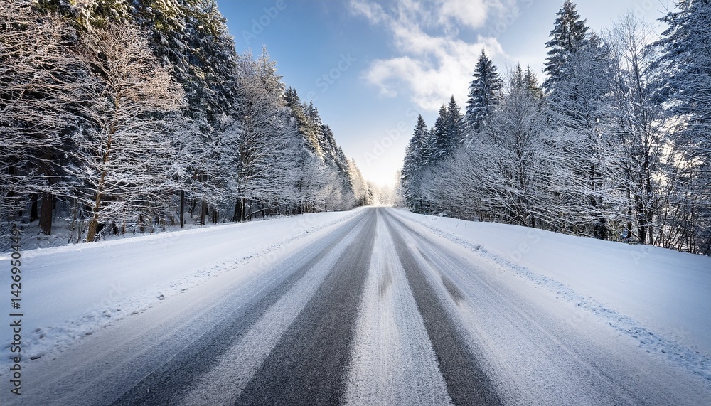 Fototapeta premium empty snowy snow covered plowed road in icy winter driving conditions with trees forest background