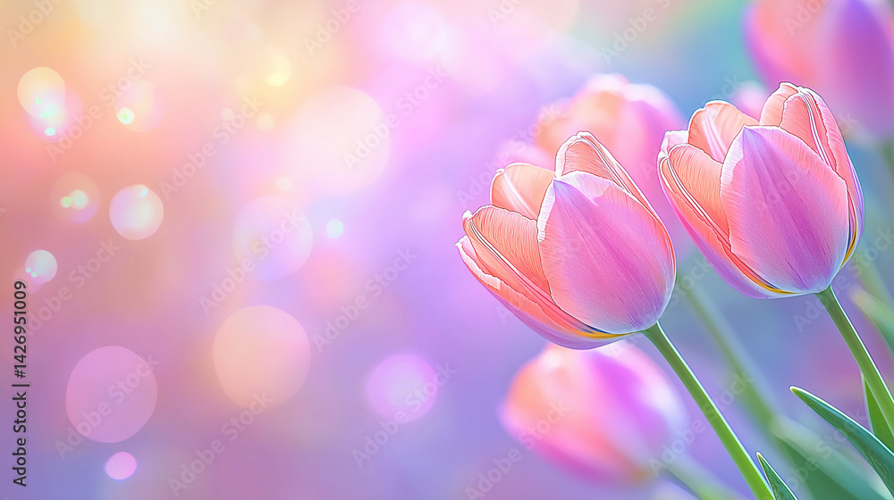 Vibrantly colored tulip flowers in the spring, on a pastel,
soft color, blurred background.