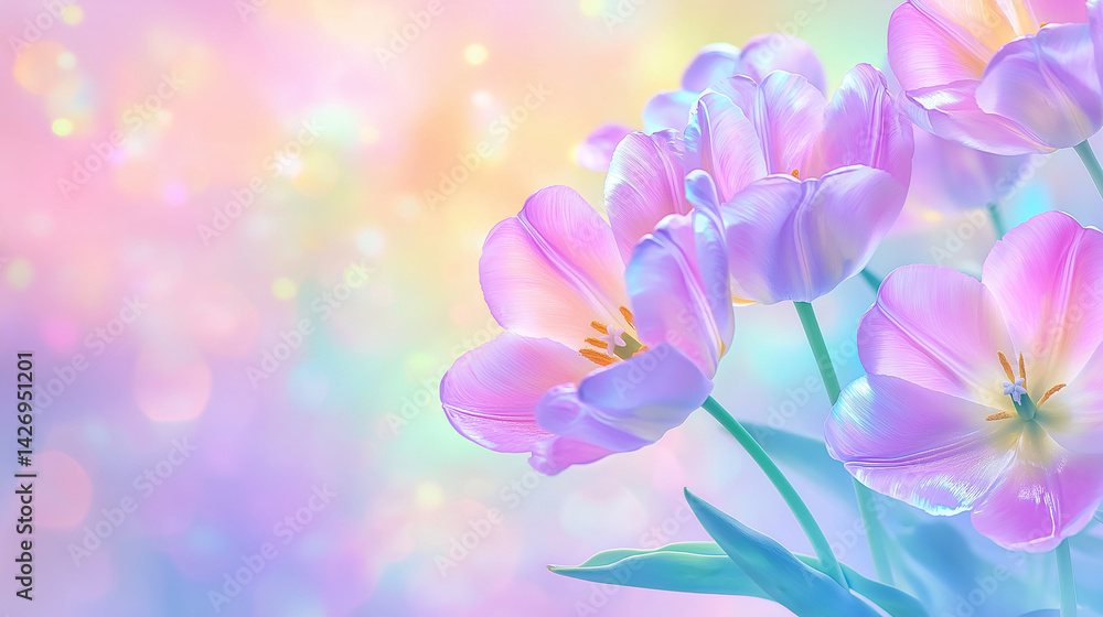 Vibrantly colored tulip flowers in the spring, on a pastel,
soft color, blurred background.