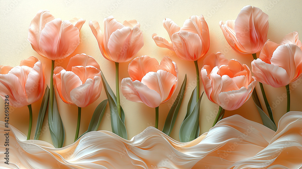 Vibrantly colored tulip flowers in the spring, on a pastel,
soft color, blurred background.