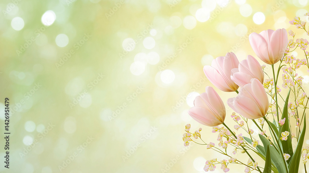 Vibrantly colored tulip flowers in the spring, on a pastel,
soft color, blurred background.