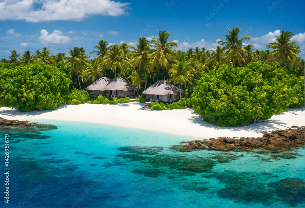 Tropical island with hut and palms surrounded by ocean blue water