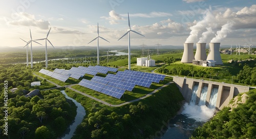 Sustainable Energy Solar Panels Wind Turbines Hydropower Nuclear Power Plant
