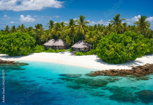 Tropical island with hut and palms surrounded by ocean blue water