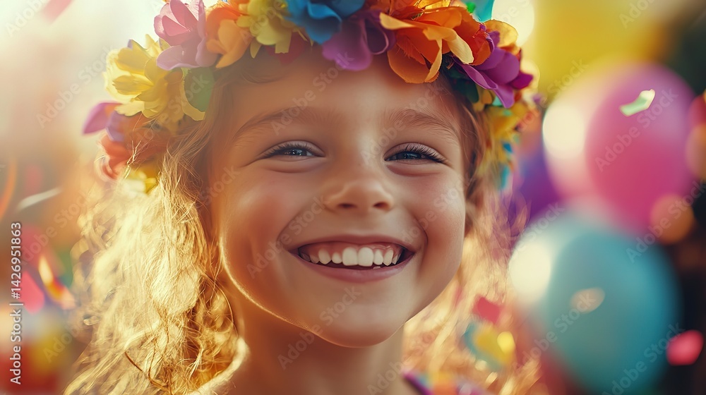 A smiling child in a flower crown with colorful balloons and confetti, celebrating joy and innocence on International Children's Day
A smiling child in a flower crown with colorful balloons and confetti, celebrating joy and innocence on International Children's Day