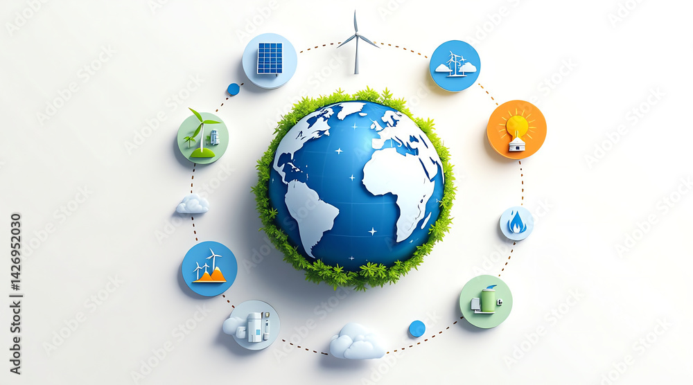 Sustainable globe with renewable energy icons, showcasing solar, wind, hydro, and geothermal power sources, surrounded by greenery, representing eco friendly solutions and innovation Sustainable globe with renewable energy icons, showcasing solar, wind, hydro, and geothermal power sources, surrounded by greenery, representing eco friendly solutions and innovation